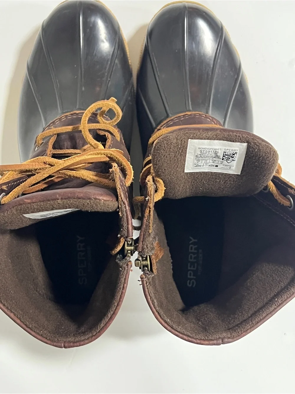 Sperry Womens Brown Leather Rubber Duck Boots with Tan Laces